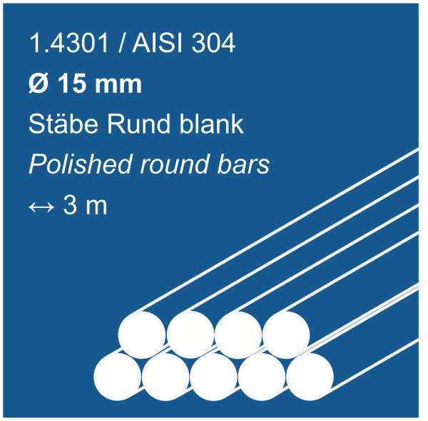 Edelstahlstäbe aus 1.4301 (304), 15 mm Durchmesser, 3000 mm lang, auf blauem Hintergrund abgebildet